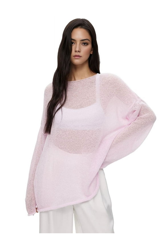 Women Oversized Long Sleeve Sheer Mesh Knit Sweater Tops Y2K Summer Loose Hollow Out Pullover Jumper Shirt Beach Pink S