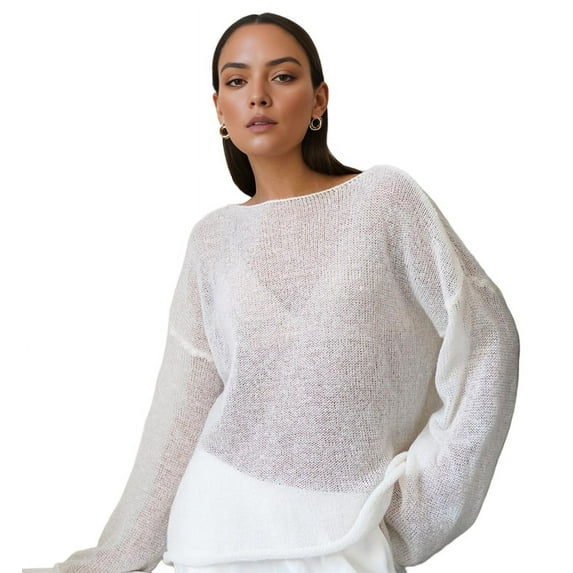 Ipladies Women Oversized Long Sleeve Sheer Mesh Knit Sweater Tops Y2K Summer Loose Hollow Out Pullover Jumper Shirt Beach White S
