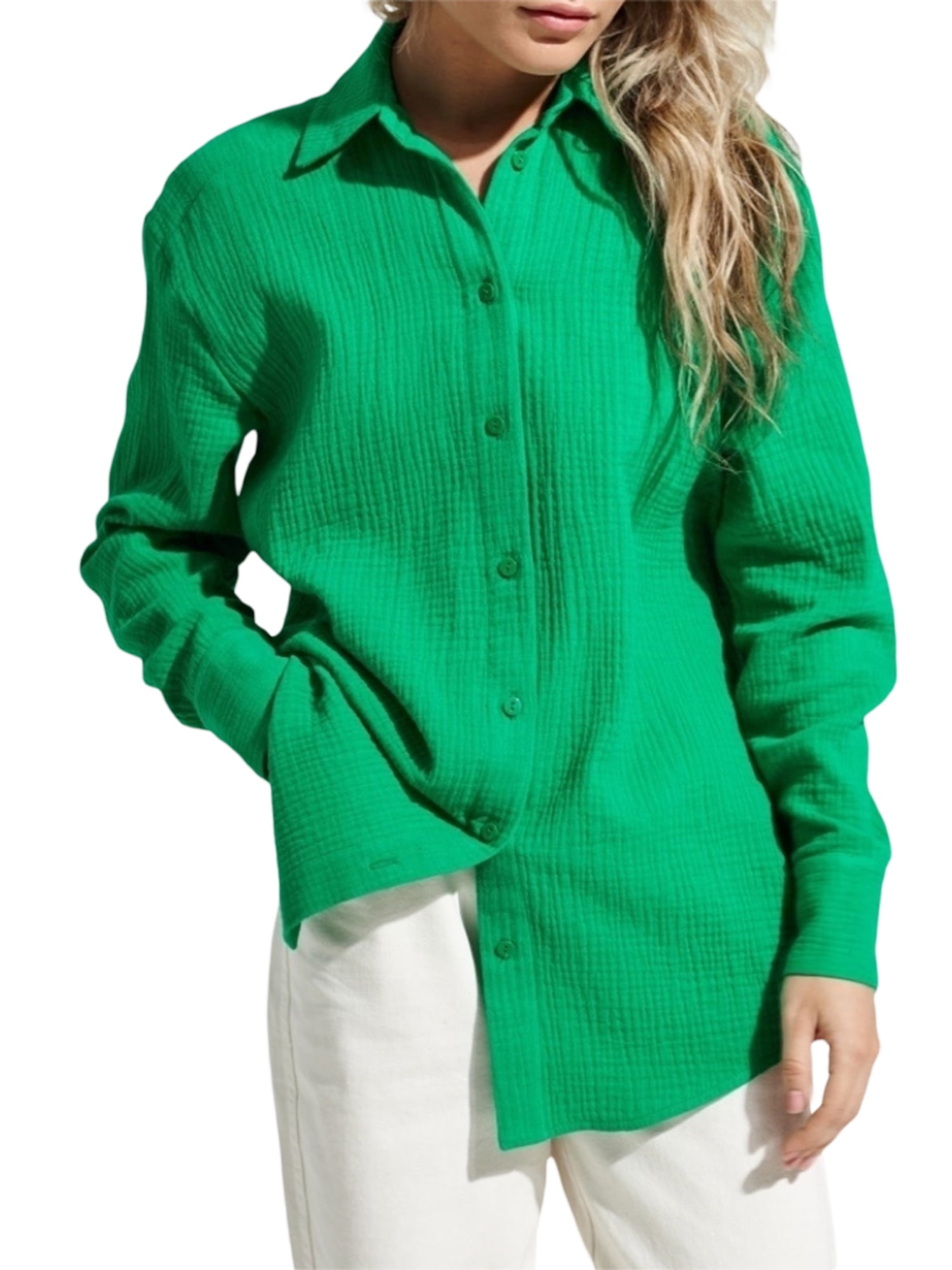 Women Oversized Long Sleeve Shirt Cotton Linen Button Down Lapel Blouse