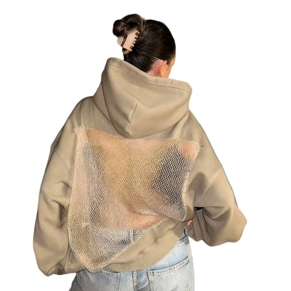 Women Oversized Loose Fit Hooded Sweatshirt Hollow Backless Mesh Panels Long Sleeve See Through Pullover Top with Pocket