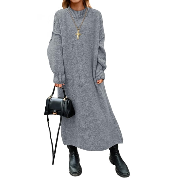 Women Oversized Midi Sweater Dress, Mock Neck Long Sleeve Loose Knit Pullover Dress