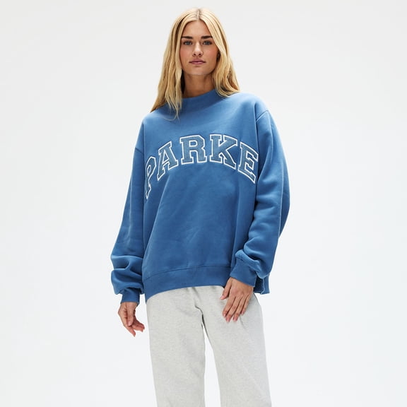 Women Oversized Mock Neck Fleece Sweatshirt, PARKE Letter Embroidery Denim Patch Long Sleeve Loose High Collar Casual Pullover Tops for Fall Winter