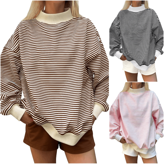 Women Oversized Mockneck Sweatshirt Striped Mock Neck Long Sleeve Pullover Shirt Fall Winter Lounge Tops M