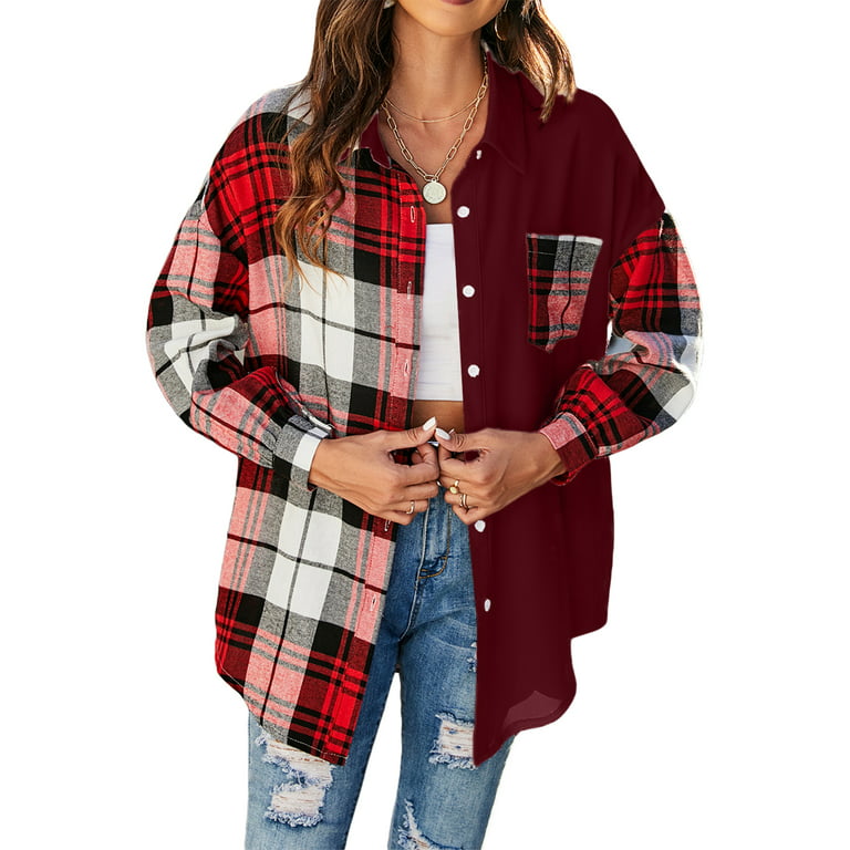  Black of Friday Sales On  Women's Long Sleeve Plaid  Shirts Pocket Turn-Down Collar Button Fall Tops Casual Loose Work Blouse  Office Wear : Sports & Outdoors