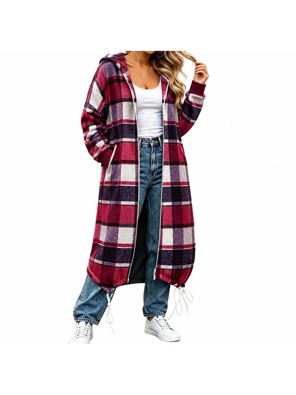 Women Oversized Plaid Shacket Long Fall Flannel Shirt Jacket Zip Up Hooded Coat with 2 Pockets, Drop Shoulder, Long Sleeve, Curved Hem, Casual Woolen Shackets,Drawcord Hem,Travel Outfit