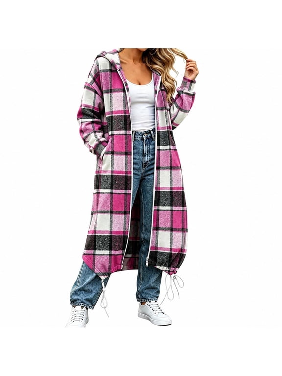 Women Oversized Plaid Shacket Long Fall Flannel Shirt Jacket Zip Up Hooded Coat with 2 Pockets, Drop Shoulder, Long Sleeve, Curved Hem, Casual Woolen Shackets,Drawcord Hem,Travel Outfit