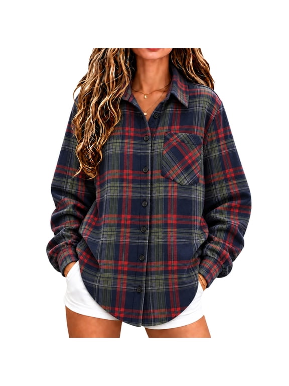 Women Oversized Plaid Shirt Long Sleeve Button Down Casual Shirts Button Front Chest Patch Pocket Relaxed Fit Blouses