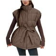 thumbnail image 1 of Women Oversized Puffer Vests Sleeveless Stand Collar Zipper Puffy Jackets with Belt Padded Gilet Outerwear Coffee, XL, 1 of 7