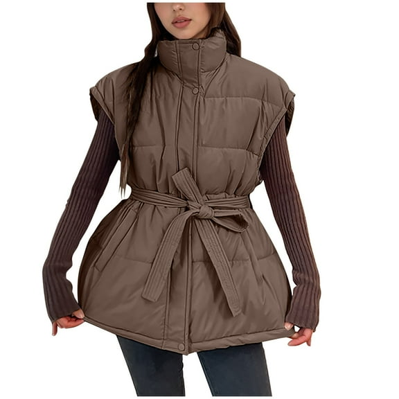 Women Oversized Puffer Vests Sleeveless Stand Collar Zipper Puffy Jackets with Belt Padded Gilet Outerwear Coffee, XL