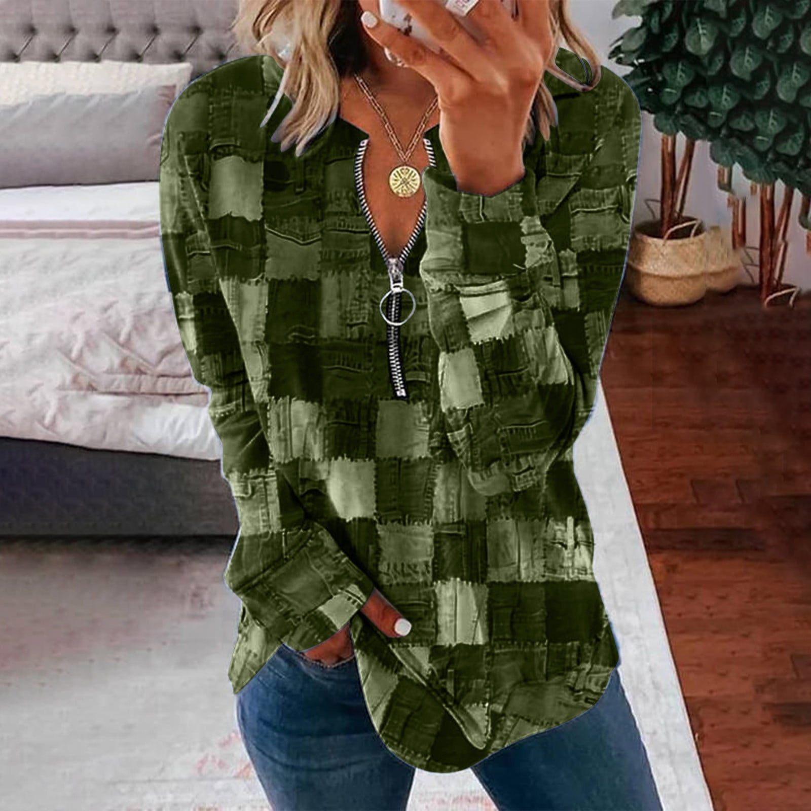 Women Oversized Quarter Zip Sweatshirt Half Zipper Plaid Tshirts
