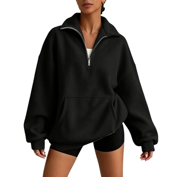 Women Oversized Quarter Zip Sweatshirt Stand Collar Soft Fleece Pullover with Pocket Loose Fall Winter Tops Black S