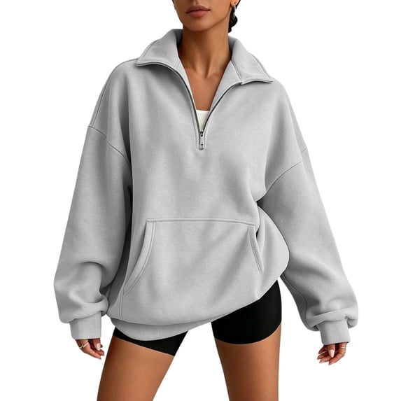 Women Oversized Quarter Zip Sweatshirt Stand Collar Soft Fleece Pullover with Pocket Loose Fall Winter Tops Gray S