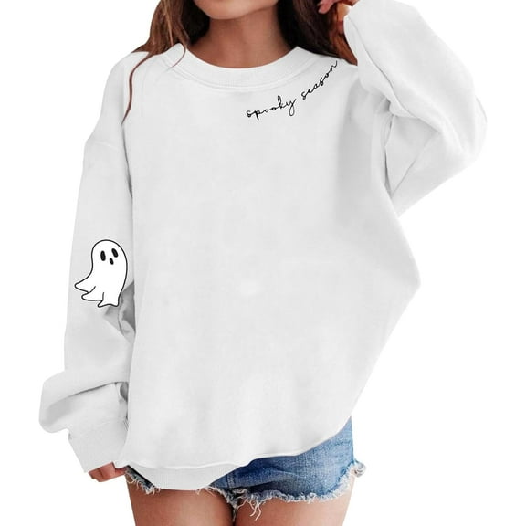 Women Oversized Sequin Ghost Sweatshirt – Spooky Season Halloween Crewneck Pullover Top
