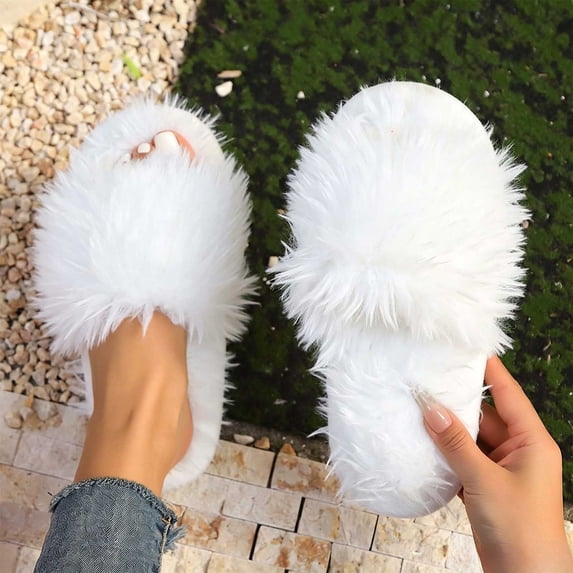 Women Oversized Shaggy Faux Fur Single Strap Open Toe Slide Slippers White 7.5-8.5