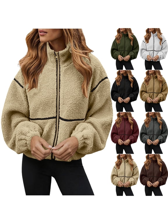 Women Oversized Sherpa Jacket Zip Up Fleece Jackets Fall Winter Warm Coats Faux-Fur Outwear Fashion Clothing with Pockets