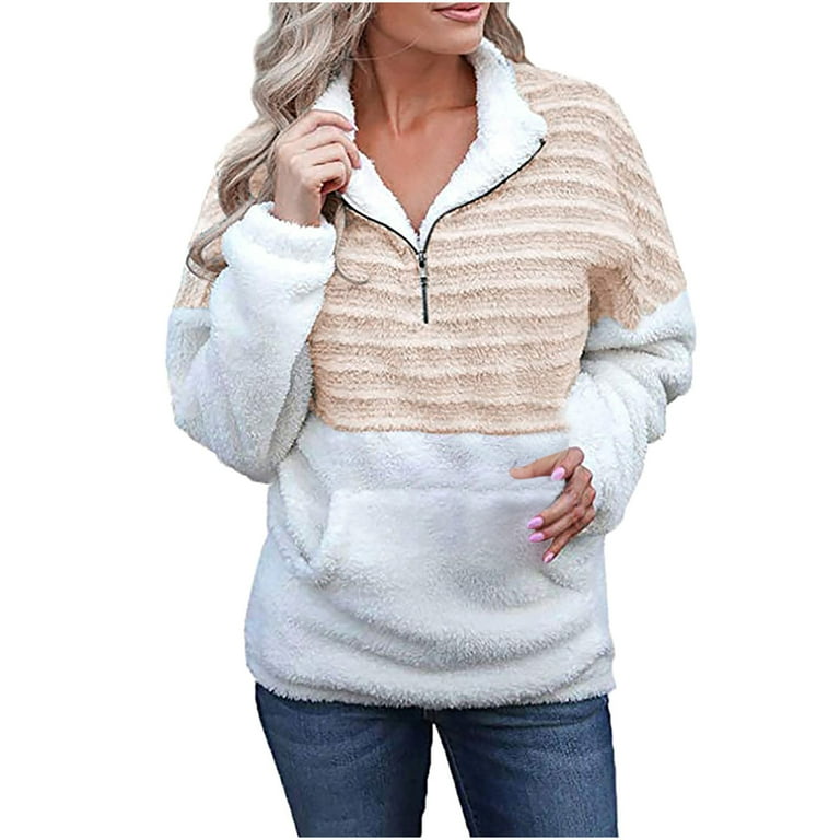 Women Oversized Sherpa Pullover Plus Size Colorblock Long Sleeve Half Zip Fleece Sweatshirt Winter Warm Fluffy Shaggy Outwear with Pockets