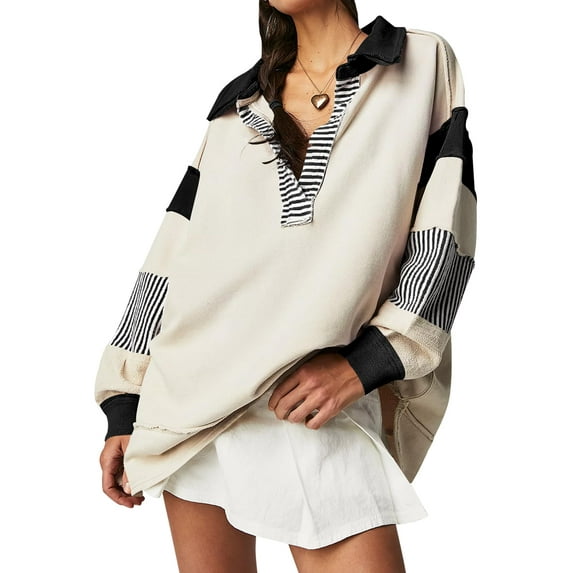 Women Oversized Shirt Contrast Colors Long Sleeve Lapel Collar Tops Streetwear Aesthetic Clothes