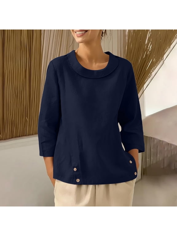 Women Oversized Shirt with Sailor Collar Casual Relaxed Tunic Blouse for Everyday Leisure, Navy, XXL