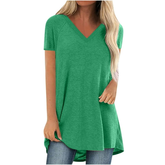 Women Oversized Short Sleeve Shirts Solid Color V Neck Loose Cozy Tops Plus Size Casual Blouses Tee (S, Green)