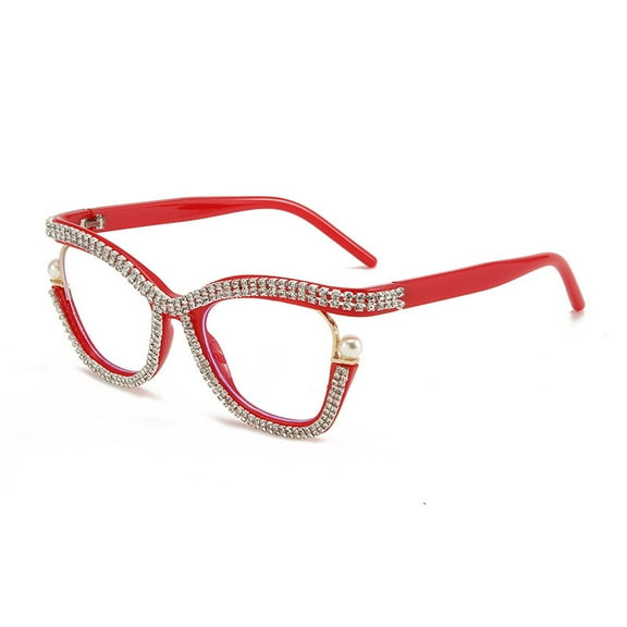 Women Oversized Silver Rhinestone Red Glasses Frame Ladies Stylish Anti-blue Light Eyeglasses Frame