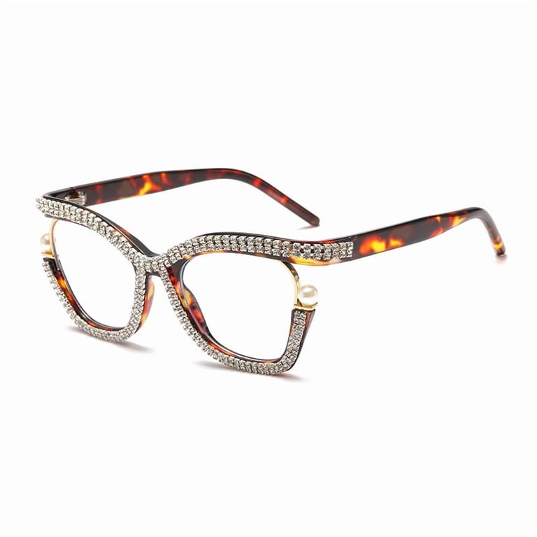 Women Oversized Silver Rhinestone Tortoiseshell Glasses Frame