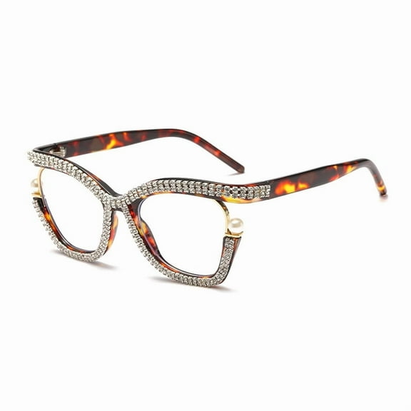 Women Oversized Silver Rhinestone Tortoiseshell Glasses Frame Ladies Stylish Anti-blue Light Eyeglasses Frame