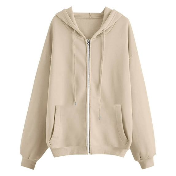 Women Oversized Solid Zip Up Hoodie Drawstring Hooded Long Sleeve Fleece Vintage Sweatshirts Jackets Pockets