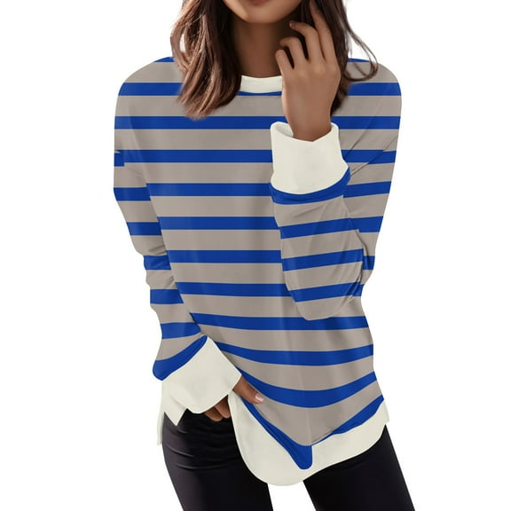 Women Oversized Striped Color Block Long Sleeve Crew Neck Sweatshirt Casual Loose Pullover Shirt Casual Top
