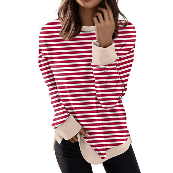 Women Oversized Striped Color Block Long Sleeve Crew Neck Sweatshirt Casual Loose Pullover Shirt Casual Top