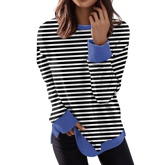 Women Oversized Striped Color Block Long Sleeve Crew Neck Sweatshirt Casual Loose Pullover Shirt Casual Top