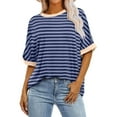 thumbnail image 1 of Women Oversized Striped Color Block Short Sleeve T Shirts Casual Loose Crew Neck Pullover Tee 2024 Y2K Shirt Top Blue M, 1 of 5
