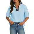 thumbnail image 1 of Women Oversized Striped Crewneck Sweatshirt 3/4 Sleeve Color Block Pullover Tops Puff Sleeve Casual Summer Blouse Workout Shirt, 1 of 6