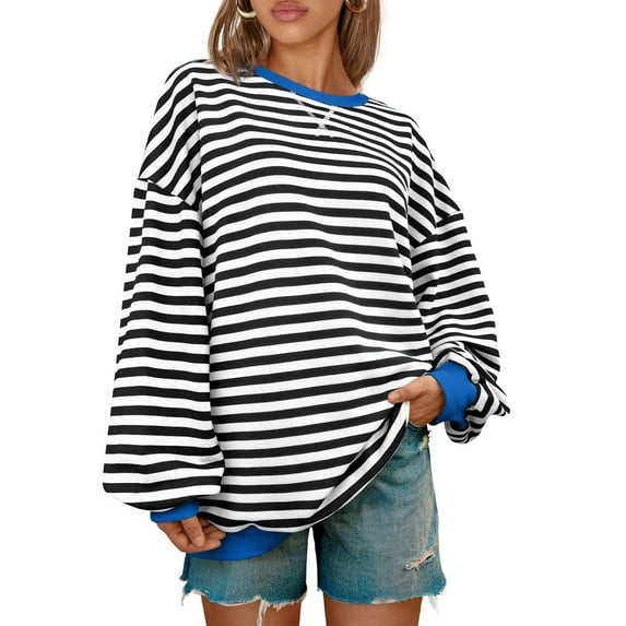 Women Oversized Striped Crewneck Sweatshirt Long Sleeve Color Block Pullover Tops Casual Loose Workout Shirt 01-Blue XL