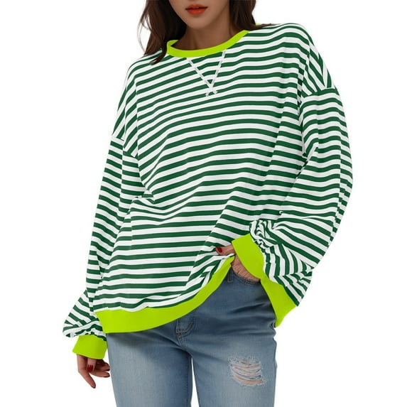 Women Oversized Striped Crewneck Sweatshirt Long Sleeve Color Block Pullover Tops Casual Loose Workout Shirt 02-Green XL