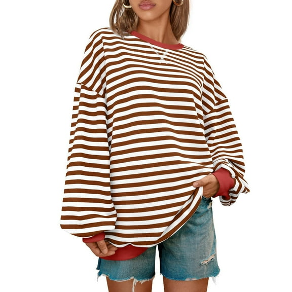 Women Oversized Striped Crewneck Sweatshirt Long Sleeve Color Block Pullover Tops Casual Loose Workout Shirt 06-Red XL