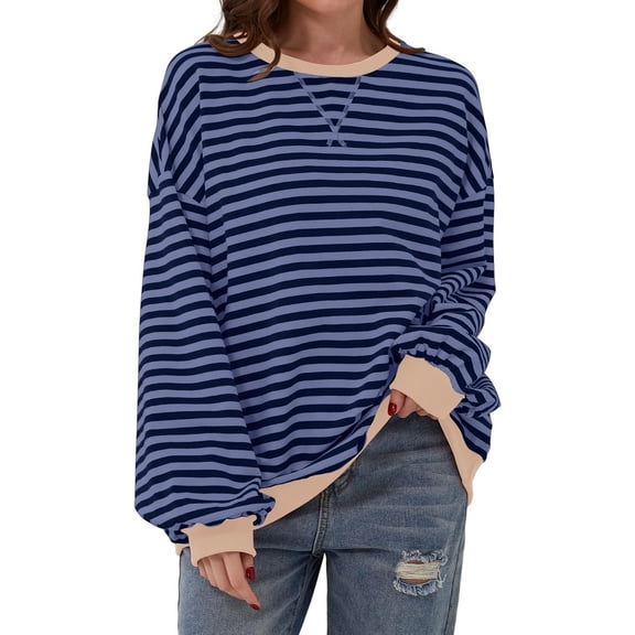 Women Oversized Striped Crewneck Sweatshirt Long Sleeve Pullover Tops Casual Loose Workout Shirt