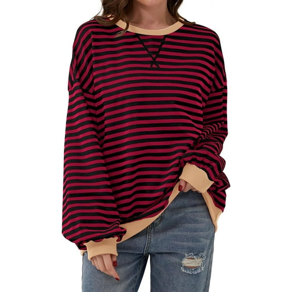 Women Oversized Striped Crewneck Sweatshirt Long Sleeve Pullover Tops Casual Loose Workout Shirt