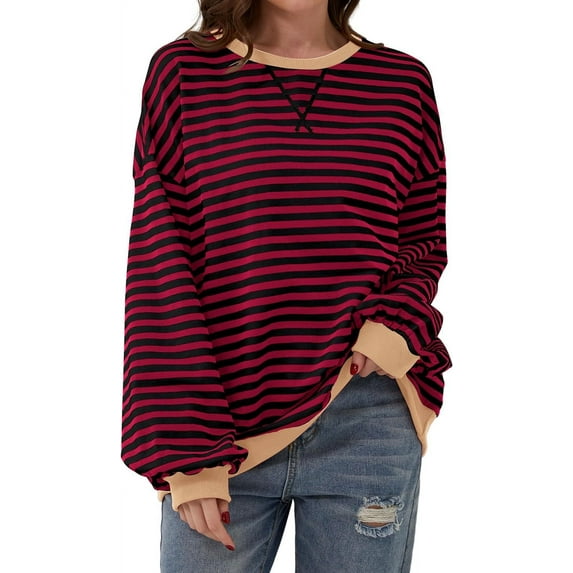 Women Oversized Striped Crewneck Sweatshirt Long Sleeve Pullover Tops Casual Loose Workout Shirt