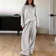 thumbnail image 1 of Women Oversized Striped Outfits Crew Neck Long Sleeve Pullover Tops Wide Leg Pants Set Loose Soft Loungewear Streetwear Outfit Gray S, 1 of 5