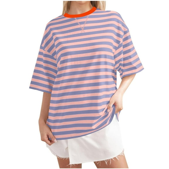 Women Oversized Striped T Shirts, Color Block Summer Tops, Crew Neck Short Sleeve Casual Tee, Fashion Trendy Loose Top