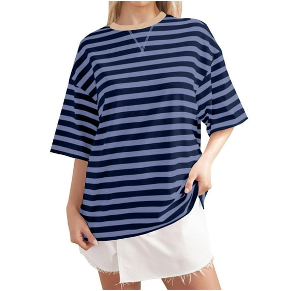 Women Oversized Striped T Shirts, Color Block Summer Tops, Crew Neck Short Sleeve Casual Tee, Fashion Trendy Loose Top
