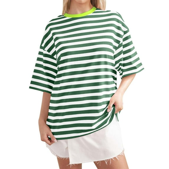 Women Oversized Striped T Shirts, Color Block Summer Tops, Crew Neck Short Sleeve Casual Tee, Fashion Trendy Loose Top