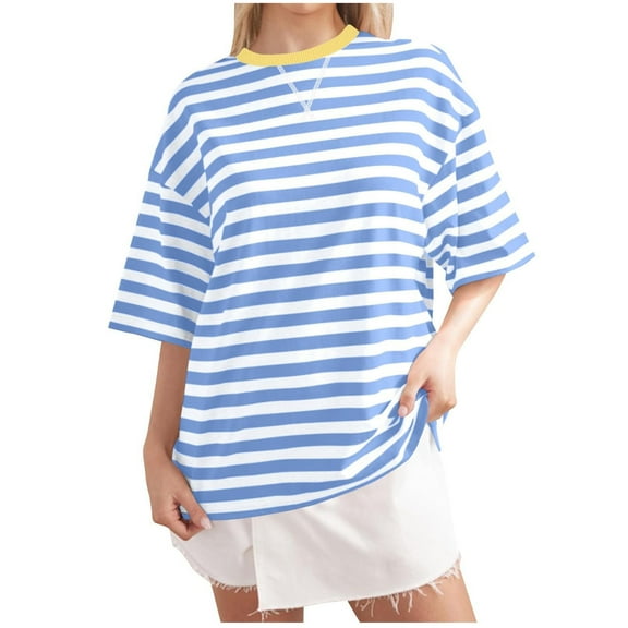 Women Oversized Striped T Shirts, Color Block Summer Tops, Crew Neck Short Sleeve Casual Tee, Fashion Trendy Loose Top