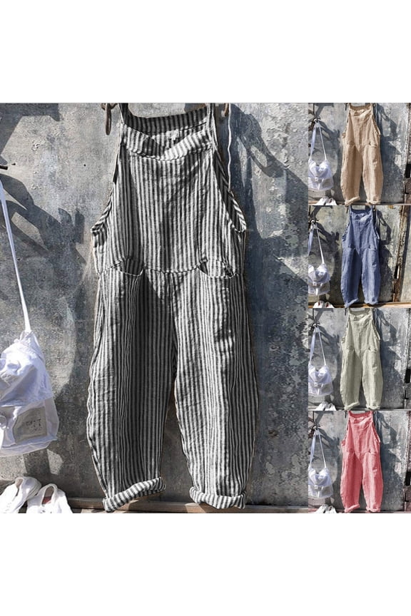 Women Oversized Summer Casual Stripes Cargo Jumpsuit Wide Leg Bib Overall Striped Linen Pants Dungarees Pocket Yellow S