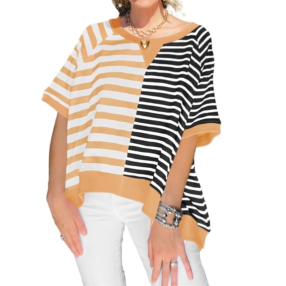 Women Oversized Summer Short Sleeve Striped Color Block Loose Fit Tops T Shirts