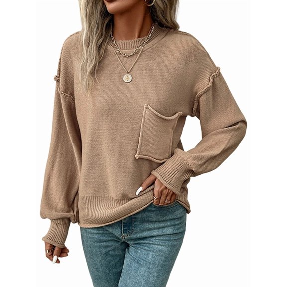 Women Oversized Sweater Fall Lantern Long Sleeve Crewneck Winter Outfits Casual Ribbed Knit Pullover Tops Khaki L
