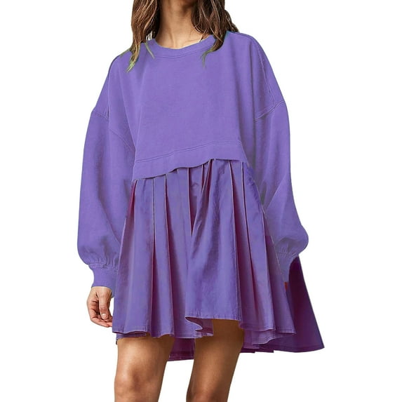 Women Oversized Sweatshirt Dress Long Sleeve Color Block Pullover Tops Flowy Pleated Mini Dress