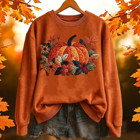 Women Oversized Sweatshirt Halloween Crewneck Floral Pumpkin Embroidered Relaxed Fit Casual Pullover Top Orange M