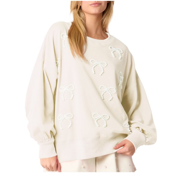 Women Oversized Sweatshirt Round Neck Pearl Bowknot Cute Preppy Pullover Tops Loose Fit Casual Workout Shirts Tops