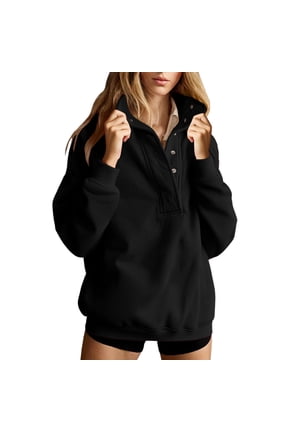 Women Oversized Sweatshirt Snap Button Mock Neck Winter Long Sleeve Drop Shoulder Pullover Sweatshirts